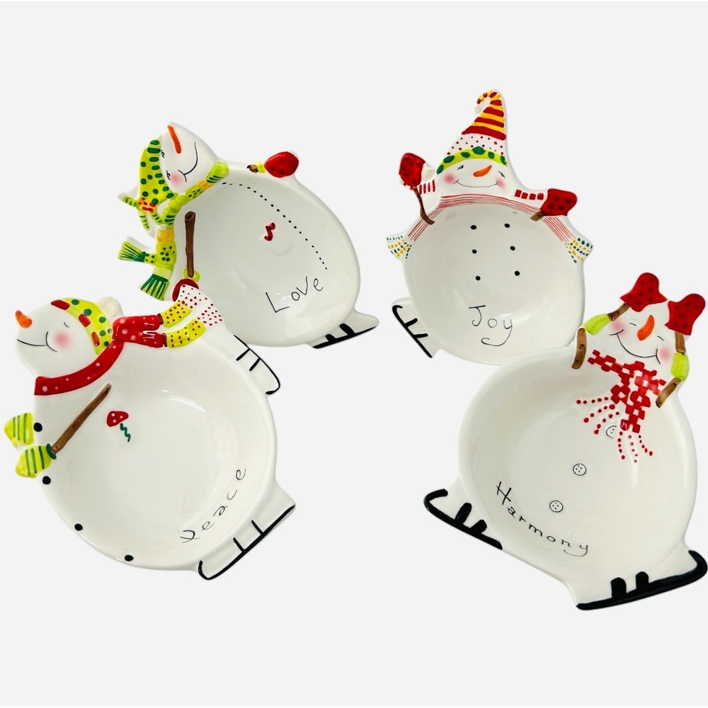 Oneida PETITE SNOWMAN Ceramicโ Figural Bowls 4 Snowmen on Skates